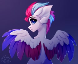 Size: 1024x840 | Tagged: safe, artist:shinoshai, zipp storm, pegasus, g5, colored wings, colored wingtips, female, looking back, mare, simple background, solo, spread wings, wings