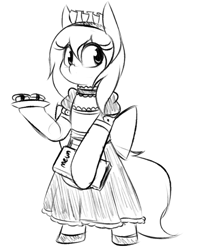 Size: 640x795 | Tagged: safe, artist:rice, oc, oc only, oc:blue pone, earth pony, pony, bipedal, clothes, food, maid, menu, monochrome, simple background, solo, white background
