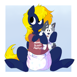 Size: 2169x2157 | Tagged: safe, artist:sheepypeepy, oc, oc only, oc:naveen numbers, dog, pony, diaper, diaper fetish, fetish, high res, non-baby in diaper, smiling, solo, underhoof