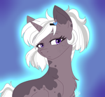 Size: 1924x1768 | Tagged: safe, artist:drawing-assassin-art, derpibooru exclusive, oc, oc only, pony, unicorn, chest fluff, digital art, female, freckles, hairpin, half body, looking at you, mare, ponytail, simple background, solo, spots, two toned mane
