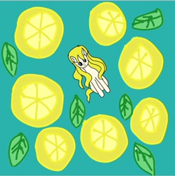 Size: 1080x1086 | Tagged: artist needed, safe, oc, pony, blue background, food, leaves, lemon, simple background, solo, wallpaper, yellow hair