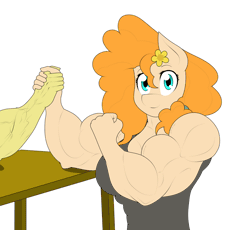Size: 1484x1367 | Tagged: safe, artist:calm wind, artist:matchstickman, pear butter, earth pony, anthro, g4, ;p, animated, arm wrestling, biceps, blinking, female, flexing, looking at you, muscles, muscular female, offscreen character, one eye closed, pear buffer, simple background, tongue out, white background, wink, winking at you