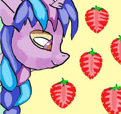 Size: 598x568 | Tagged: safe, pony, unicorn, blue hair, food, photo, purple eyes, simple background, solo, strawberry, yellow background