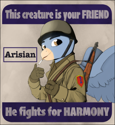 Size: 4209x4600 | Tagged: safe, artist:leotheunicorn, derpibooru exclusive, hippogriff, equestria at war mod, cigarette, m1 garand, poster, poster parody, propaganda, this is your friend, thumbs up