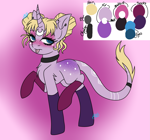 Size: 1875x1755 | Tagged: safe, artist:drawing-assassin-art, derpibooru exclusive, oc, classical unicorn, pony, unicorn, butt freckles, choker, clothes, ear piercing, female, freckles, hair bun, horn, jewelry, leonine tail, makeup, mare, multicolored coat, piercing, reference sheet, stockings, tattoo, thigh highs, tongue out, tongue piercing