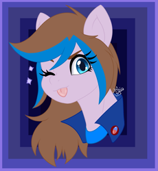 Size: 1299x1410 | Tagged: safe, artist:drawing-assassin-art, derpibooru exclusive, oc, oc only, oc:haruka, bust, clothes, digital art, female, jacket, looking at you, mare, one eye closed, pin, portrait, shirt, simple background, solo, sparkles, tongue out, two toned mane, wink, winking at you