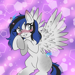 Size: 1587x1600 | Tagged: safe, artist:drawing-assassin-art, derpibooru exclusive, oc, oc only, pegasus, pony, adult blank flank, blank flank, blind, blushing, butt freckles, ear blush, female, freckles, mare, multicolored coat, pegasus oc, simple background, solo, spread wings, two toned mane, wing fluff, wings