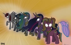 Size: 2500x1584 | Tagged: safe, artist:banquo0, luster dawn, princess celestia, star swirl the bearded, sunny starscout, twilight sparkle, oc, oc:fausticorn, alicorn, earth pony, pony, unicorn, g4, g5, the last problem, avatar cycle, avatar the last airbender, beard, crown, facial hair, female, glowing, glowing eyes, jewelry, male, mare, older, older twilight, older twilight sparkle (alicorn), princess twilight 2.0, raised hoof, regalia, stallion, twilight sparkle (alicorn)