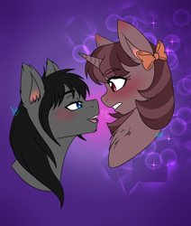 Size: 2148x2528 | Tagged: safe, artist:drawing-assassin-art, derpibooru exclusive, oc, oc only, oc:dark water, oc:pumpkin spice, bat pony, pony, unicorn, bat pony oc, blushing, bow, chest fluff, chin fluff, ear blush, ear fluff, eyebrows, eyebrows visible through hair, fangs, female, flirting, hair bow, high res, horn, looking at each other, looking at someone, male, mare, oc x oc, shipping, simple background, sparkles, stallion, straight, two toned mane, unicorn oc