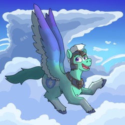 Size: 500x500 | Tagged: safe, artist:nb-hedgewolf, thunder flap, pegasus, pony, g5, cloud, flying, male, open mouth, pegasus royal guard, royal guard, solo, stallion, wrong cutie mark
