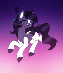Size: 1737x2022 | Tagged: safe, artist:drawing-assassin-art, derpibooru exclusive, oc, oc only, oc:domino, pegasus, pony, colored wings, eyebrows, eyebrows visible through hair, eyes closed, facial markings, female, freckles, gradient background, hooves, jumping, mare, open mouth, open smile, pegasus oc, simple background, smiling, solo, two toned coat, two toned wings, wavy mane, wings
