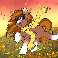 Size: 2000x2000 | Tagged: safe, artist:drawing-assassin-art, derpibooru exclusive, oc, oc only, oc:mocha, earth pony, pony, adult blank flank, autumn, autumn leaves, blank flank, clothes, coat markings, colored eartips, earth pony oc, facial markings, falling leaves, femboy, grass, high res, leaves, looking at you, male, open mouth, open smile, outdoors, raised hoof, raised leg, scarf, smiling, snip (coat marking), socks (coat markings), solo, stallion, striped scarf, sunset, two toned coat, two toned mane
