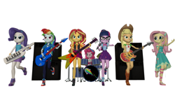 Size: 5120x3072 | Tagged: safe, artist:n3onh100, applejack, fluttershy, pinkie pie, rainbow dash, rarity, sci-twi, sunset shimmer, twilight sparkle, human, equestria girls, g4, my little pony equestria girls: better together, bass guitar, drums, flying v, gibson flying v, guitar, humane five, humane seven, humane six, keytar, microphone, musical instrument, rarity peplum dress, simple background, speaker, tambourine, the rainbooms, white background