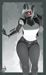 Size: 2000x3200 | Tagged: safe, artist:da3rd, oc, oc only, oc:sprocket, cyborg, unicorn, anthro, amputee, black and white, breasts, cleavage, commission, female, grayscale, high res, mare, monochrome, neo noir, partial color, prosthetic arm, prosthetic eye, prosthetic limb, prosthetics, solo