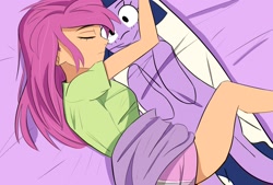 Size: 1972x1333 | Tagged: safe, artist:artiks, sunny starscout, twilight sparkle, human, g5, my little pony: a new generation, bed, body pillow, clothes, cuddling, humanized, shirt, sleeping, spooning, t-shirt