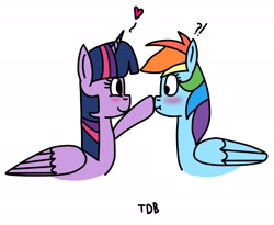 Size: 2347x1926 | Tagged: safe, artist:twidasherboop, rainbow dash, twilight sparkle, alicorn, pegasus, pony, g4, :|, blushing, boop, confused, duo, exclamation point, female, floating heart, happy, heart, large wings, lesbian, question mark, raised hoof, ship:twidash, shipping, signature, simple background, surprised, twilight sparkle (alicorn), white background