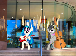 Size: 3977x2950 | Tagged: safe, artist:mlplover94, artist:sansbox, artist:tygerbug, edit, dj pon-3, octavia melody, vinyl scratch, earth pony, pony, unicorn, g4, atlanta, cello, female, georgia (state), guitar, high res, irl, mare, musical instrument, photo, ponies in real life
