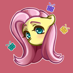 Size: 2000x2000 | Tagged: safe, artist:mirednesy, fluttershy, butterfly, pegasus, pony, g4, blushing, cute, female, high res, looking at you, mare, no mouth, outline, red background, shyabetes, simple background, solo, white outline