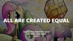 Size: 1280x720 | Tagged: safe, edit, editor:quoterific, fluttershy, spike, twilight sparkle, dragon, pegasus, pony, unicorn, g4, idw, my little pony micro-series, female, male, mare, open mouth, open smile, smiling, text, trio, unicorn twilight