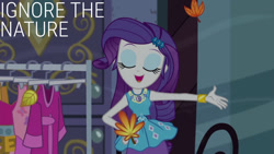 Size: 1280x720 | Tagged: safe, edit, edited screencap, editor:quoterific, screencap, rarity, human, equestria girls, equestria girls series, g4, street chic, spoiler:eqg series (season 2), bracelet, clothes, cutie mark on clothes, eyes closed, female, geode of shielding, hairpin, hand on hip, jewelry, magical geodes, open mouth, open smile, rarity peplum dress, smiling, solo, text