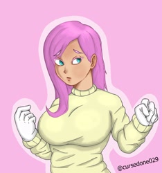 Size: 1916x2048 | Tagged: safe, artist:cursedone029, fluttershy, human, breasts, busty fluttershy, clothes, eyebrows, eyebrows visible through hair, female, gloves, humanized, outline, pink background, signature, simple background, solo, sweater, sweatershy