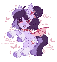 Size: 2400x2600 | Tagged: safe, artist:avroras_world, oc, oc only, bat pony, pony, accessory, bat pony oc, chest fluff, collar, commission, ear fluff, female, fluffy, high res, leg fluff, long tail, looking at you, mare, open mouth, open smile, short hair, simple background, smiling, solo, tail, white background, wings