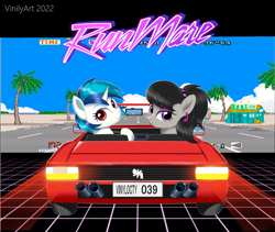 Size: 4128x3488 | Tagged: safe, artist:vinilyart, dj pon-3, octavia melody, vinyl scratch, pony, alternate hairstyle, car, ferrari, glasses off, high res, looking back, missing accessory, no glasses, outrun, palm tree, tree