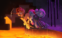 Size: 2472x1528 | Tagged: safe, artist:rexyseven, oc, oc only, oc:rusty gears, oc:whispy slippers, earth pony, enderman, pony, accident, butt bump, butt to butt, butt touch, clothes, digital art, falling, female, glasses, imminent death, lava, mare, minecraft, mouth hold, open mouth, pickaxe, round glasses, scared, scarf, slippers, socks, striped scarf, striped socks, sweater, this will end in death