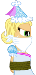 Size: 483x1010 | Tagged: safe, artist:robukun, applejack, human, equestria girls, g4, angry, bondage, bound and gagged, cloth gag, clothes, damsel in distress, dress, dressup, froufrou glittery lacy outfit, gag, glare, hat, hennin, jewelry, necklace, over the nose gag, princess, princess applejack, rope, rope bondage, ropes, simple background, solo, tied up, transparent background