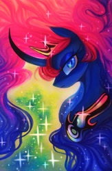 Size: 1600x2454 | Tagged: safe, artist:glitteronin, princess luna, alicorn, pony, curved horn, female, horn, mare, stars, traditional art, watercolor painting