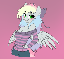 Size: 2049x1877 | Tagged: safe, artist:tomi_ouo, oc, oc only, oc:blazey sketch, pegasus, anthro, big breasts, blushing, bow, breasts, cleavage, clothes, female, green eyes, grey fur, hair bow, hand on hip, long hair, looking at you, multicolored hair, off shoulder, off shoulder sweater, pink background, shorts, simple background, smiling, smirk, solo, sweater