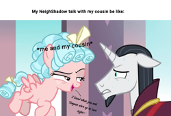Size: 666x450 | Tagged: safe, edit, edited screencap, editor:decokenite, screencap, chancellor neighsay, cozy glow, pegasus, pony, unicorn, g4, school raze, duo, ears back, female, filly, floppy ears, flying, foal, implied tempest shadow, looking at each other, looking at someone, male, meme, open mouth, raised eyebrow, shipping, stallion, straight, sweat, talking, tempest neighsay, what were you thinking