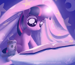Size: 1440x1260 | Tagged: safe, artist:joellethenose, smarty pants, twilight sparkle, pony, unicorn, g4, 2014, blanket, book, bookhorse, cute, female, filly, filly twilight sparkle, foal, glowing, glowing horn, horn, old art, pillow, plushie, reading, signature, sitting, solo, twiabetes, unicorn twilight, younger