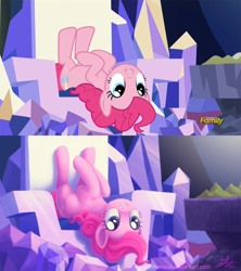 Size: 1000x1125 | Tagged: safe, artist:joellethenose, edit, edited screencap, screencap, pinkie pie, earth pony, pony, g4, the lost treasure of griffonstone, 2015, comparison, cute, discovery family, discovery family logo, female, grin, logo, mare, old art, redraw, scene interpretation, screencap reference, signature, smiling, solo, twilight's castle, upside down