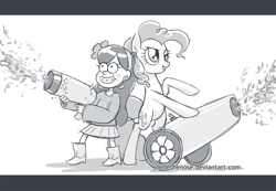 Size: 1500x1038 | Tagged: safe, artist:joellethenose, pinkie pie, earth pony, human, pony, g4, 2015, bipedal, crossover, female, gravity falls, grayscale, grin, mabel pines, male, mare, monochrome, old art, party cannon, raised hoof, smiling, standing, weapon