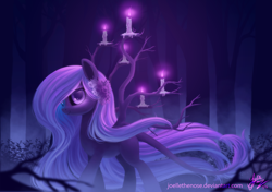 Size: 1700x1200 | Tagged: safe, artist:joellethenose, oc, oc only, oc:soul whisperer, pony, 2015, candle, fog, forest, leonine tail, night, old art, solo, tail