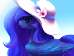 Size: 1920x1440 | Tagged: safe, artist:joellethenose, princess luna, alicorn, pony, cute, ethereal mane, female, flower, hat, lunabetes, mare, missing accessory, outdoors, signature, solo, starry mane, sun hat, sunglasses