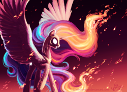 Size: 1980x1440 | Tagged: safe, artist:joellethenose, nightmare star, princess celestia, alicorn, pony, angry, female, fire, glowing, glowing eyes, mare, profile, raised hoof, signature, solo, spread wings, standing, white eyes, wings