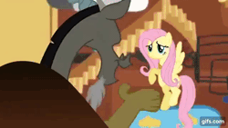 Size: 640x360 | Tagged: safe, screencap, discord, fluttershy, draconequus, pegasus, pony, keep calm and flutter on, animated, duo, female, flying, gifs.com, male, mare, raspberry, tongue out, watermark