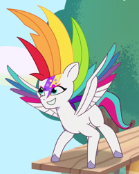 Size: 514x640 | Tagged: safe, screencap, zipp storm, pegasus, pony, g5, my little pony: tell your tale, zipp's yes day, spoiler:g5, spoiler:my little pony: tell your tale, spoiler:tyts01e22, alternate hairstyle, cropped, female, grin, mare, multicolored hair, rainbow hair, smiling, solo, spread wings, wings