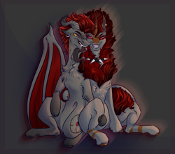 Size: 3396x3000 | Tagged: safe, artist:lewdest noodle, oc, oc only, oc:brick, oc:red lust, demon, demon pony, kirin, choker, ear piercing, earring, folded wings, high res, hooves, horn, hug, jewelry, lipstick, long tongue, makeup, male, piercing, thighs, tongue out, wings