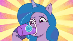 Size: 3410x1920 | Tagged: safe, screencap, izzy moonbow, pony, unicorn, g5, my little pony: tell your tale, zipp's yes day, spoiler:g5, spoiler:my little pony: tell your tale, spoiler:tyts01e22, chugging, drink, drinking, female, high res, mare, smoothie, solo, youtube link