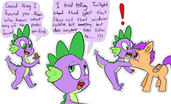 Size: 1778x1080 | Tagged: safe, artist:happy harvey, scootaloo, spike, oc, oc:anon, dragon, pegasus, pony, g4, age difference, child, comic, cookie, dialogue, ear fluff, exclamation point, eyeroll, female, filly, filly pred, foal, food, food transformation, gingerbread (food), gingerbread man, living object, looking at each other, looking at someone, micro, mouth hold, phone drawing, pinpoint eyes, scootapred, simple background, size difference, stealing, transformation, transparent background, vore