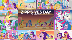 Size: 1978x1115 | Tagged: safe, edit, edited screencap, editor:quoterific, screencap, hitch trailblazer, ivory cedar, izzy moonbow, pipp petals, posey bloom, sunny starscout, zipp storm, earth pony, pegasus, pony, unicorn, g5, my little pony: tell your tale, zipp's yes day, spoiler:g5, spoiler:my little pony: tell your tale, spoiler:tyts01e22, alternate hairstyle, angry, apple, bag, beach, bow, bowl, bracelet, brain freeze, bucket, cup, drink, drinking, eyes closed, female, fluttershy's cutie mark, food, friendship bracelet, frown, glowing cutie mark, grin, hair bow, headband, jewelry, magazine, makeup, male, mane five, mane stripe sunny, mare, microphone, mirror, mixing bowl, multicolored hair, necklace, open mouth, open smile, posey bloom is not amused, posey can't catch a break, rad-visor, rainbow dash's cutie mark, rainbow hair, red face, regalia, saddle bag, sand, selfie, smiling, smoothie, spilled drink, spoon, stallion, sunset, tail, tail bow, text, twilight sparkle's cutie mark, unamused