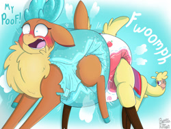 Size: 1280x960 | Tagged: safe, artist:burritokitten, paprika (tfh), velvet (tfh), alpaca, deer, them's fightin' herds, ;p, baby powder, blushing, butt bump, butt to butt, butt touch, community related, diaper, diaper bump, looking back, non-baby in diaper, one eye closed, open mouth, pinpoint eyes, poofy diaper, tongue out