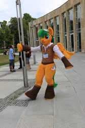 Size: 1824x2736 | Tagged: safe, artist:atalonthedeer, oc, oc:bronycars, human, anthro, galacon, galacon 2019, g4, clothes, convention, fursuit, goggles, irl, irl human, photo, ponysuit, shoes, spread wings, waistcoat, wings