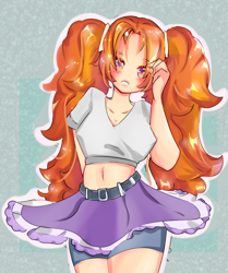 Size: 2007x2400 | Tagged: safe, artist:aemir-art, adagio dazzle, human, g4, adoragio, belly button, belt, clothes, compression shorts, cute, female, high res, humanized, looking at you, midriff, open mouth, pigtails, short shirt, skirt, solo, twintails