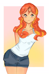 Size: 1280x1901 | Tagged: safe, artist:aemir-art, sunset shimmer, human, g4, alternate hairstyle, clothes, cute, female, humanized, shimmerbetes, shorts, smiling, solo, tank top