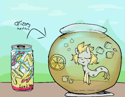 Size: 626x487 | Tagged: safe, artist:cherro, oc, oc only, oc:flo, sea pony, arizona iced tea, bubble, can, eyes closed, fins, fish bowl, fish tail, flowing mane, food, gills, ice, lemon, solo, swimming, tail, underwater, water