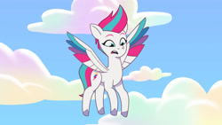 Size: 3410x1920 | Tagged: safe, screencap, zipp storm, pegasus, pony, g5, my little pony: tell your tale, zipp's yes day, spoiler:g5, spoiler:my little pony: tell your tale, spoiler:tyts01e22, female, flying, high res, mare, open mouth, slender, solo, spread wings, thin, wings, youtube link